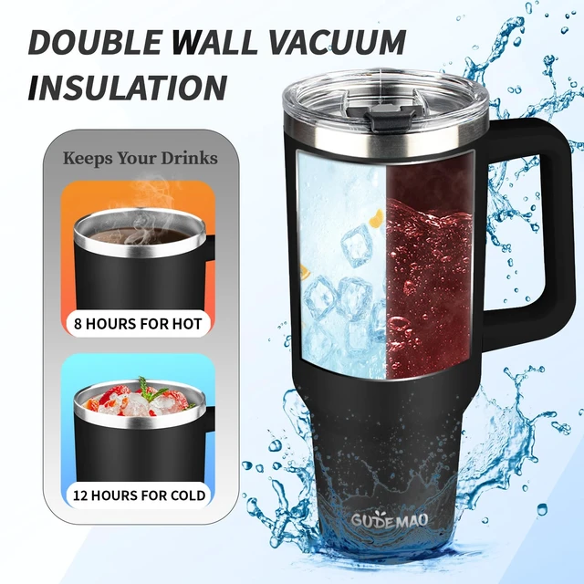 Alt view image 4 of 7 - 40 oz Tumbler with Handle, Insulated Tumbler with Lid and Straw, Reusable Stainless Steel Vacuum Insulated Cup, 100% Leak Proof Thermal Travel Coffee Mug Cup for Cold and Hot (Black)