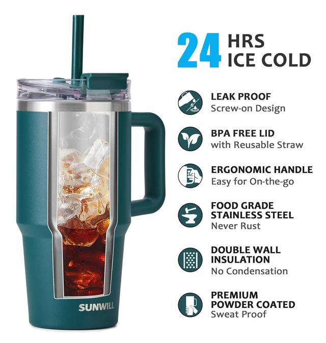 Alt view image 2 of 7 - Coffee Tumbler with Handle, 20 oz Travel Mug with Lid and Straw Insulated, Stainless Steel Cup Leak Proof for Travel & Outdoor, Cupholder Friendly, Powder Coated Deep Teal