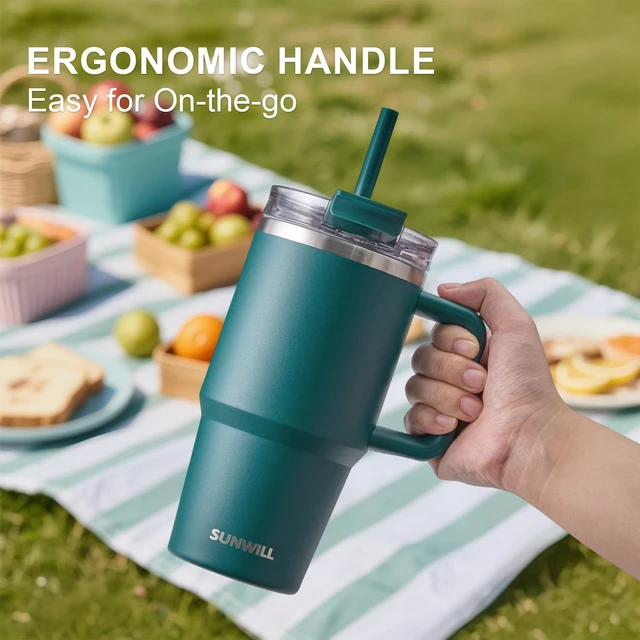 Alt view image 5 of 7 - Coffee Tumbler with Handle, 20 oz Travel Mug with Lid and Straw Insulated, Stainless Steel Cup Leak Proof for Travel & Outdoor, Cupholder Friendly, Powder Coated Deep Teal