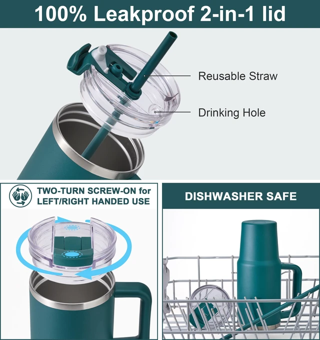 Alt view image 4 of 7 - Coffee Tumbler with Handle, 20 oz Travel Mug with Lid and Straw Insulated, Stainless Steel Cup Leak Proof for Travel & Outdoor, Cupholder Friendly, Powder Coated Deep Teal