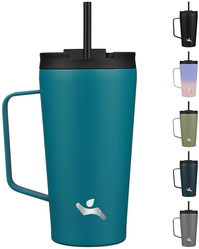 Main image of 18 oz Insulated Tumbler with Handle & Straw, Stainless Steel Mug | Blue; BPA-free, leak-proof reusable bottle for coffee, iced drinks, office, travel, outdoor use & daily hydration