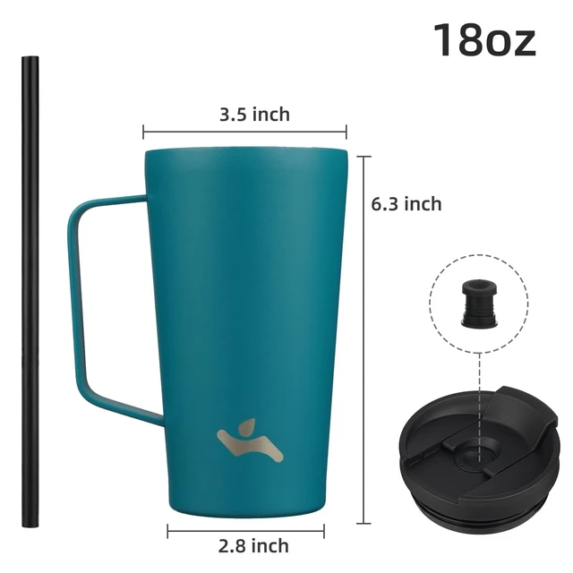 Alt view image 2 of 7 - 18 oz Insulated Tumbler with Handle & Straw, Stainless Steel Mug | Blue; BPA-free, leak-proof reusable bottle for coffee, iced drinks, office, travel, outdoor use & daily hydration
