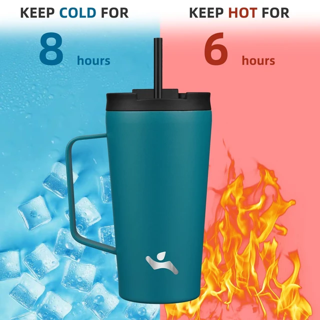 Alt view image 4 of 7 - 18 oz Insulated Tumbler with Handle & Straw, Stainless Steel Mug | Blue; BPA-free, leak-proof reusable bottle for coffee, iced drinks, office, travel, outdoor use & daily hydration