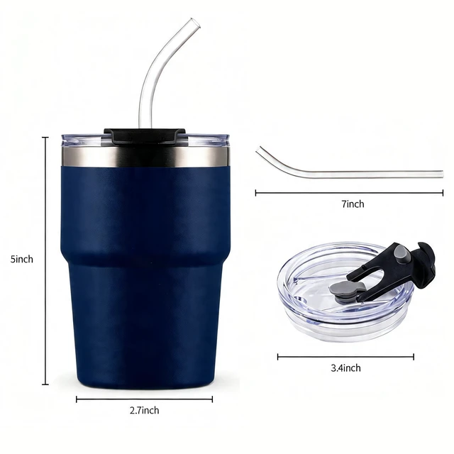 Alt view image 7 of 7 - 16oz Iced Coffee Cup With Lids, Water Bottle With Straw, Double Layer Vacuum Stainless Steel Insulated Tumbler, Stackable, Cup holder compatibility,Reusable Travel Mug, Blue