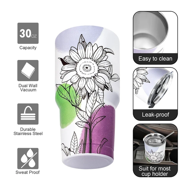 Alt view image 3 of 7 - 30 oz Tumbler with Lids and Straws Double Wall Insulated Tumbler Cup,Stainless Steel Leak-proof Thermal Coffee Tumbler Powder Coated Travel Mug for Cold and Hot Beverages,Sunflower