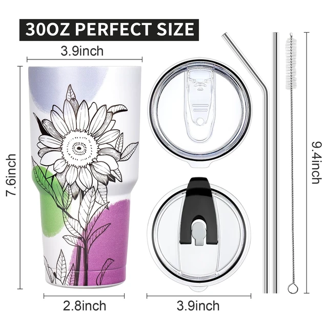 Alt view image 5 of 7 - 30 oz Tumbler with Lids and Straws Double Wall Insulated Tumbler Cup,Stainless Steel Leak-proof Thermal Coffee Tumbler Powder Coated Travel Mug for Cold and Hot Beverages,Sunflower