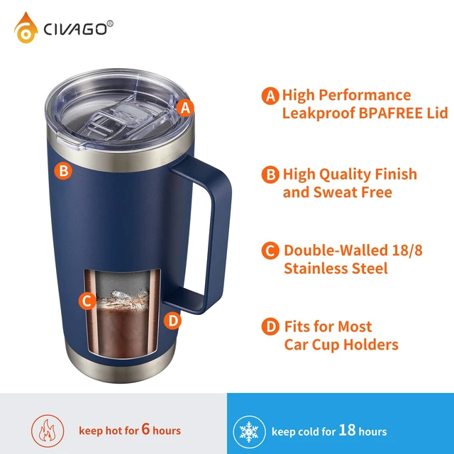 Alt view image 2 of 6 - 20 oz Tumbler Mug with Lid and Straw, Insulated Travel Mug with Handle, Double Wall Stainless Steel Vacuum Coffee Tumbler, Thermal Cup, Navy Blue