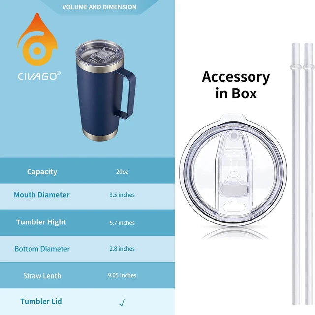 Alt view image 4 of 6 - 20 oz Tumbler Mug with Lid and Straw, Insulated Travel Mug with Handle, Double Wall Stainless Steel Vacuum Coffee Tumbler, Thermal Cup, Navy Blue