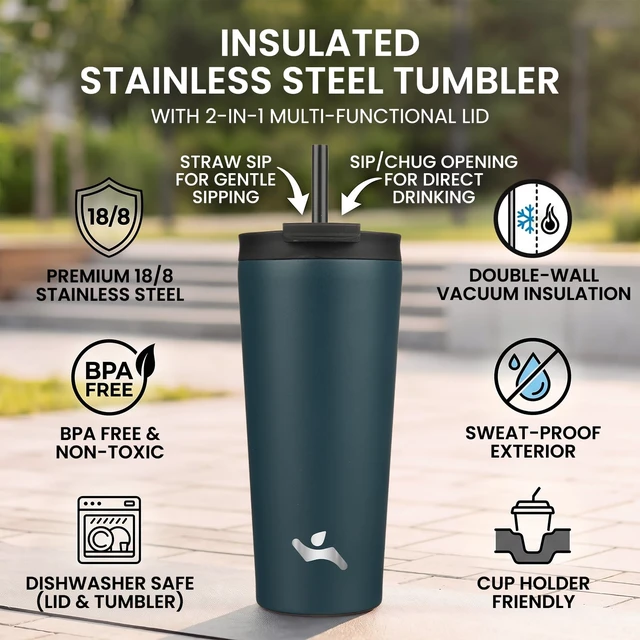 Alt view image 2 of 7 - 22 oz Insulated Tumbler Water Bottle with Straw Lid, Navy Blue | Stainless steel insulated tumbler for coffee, water and iced drinks; spill-proof lid, 2 straws, cup-holder friendly