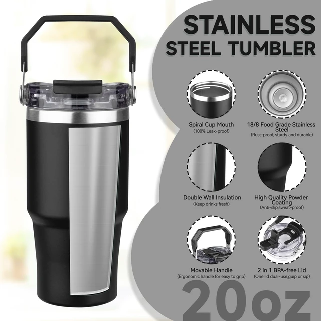 Alt view image 3 of 7 - 20oz Tumbler with Handle and Flip Straw Lid Double Wall Insulated Travel Coffee Mug Stainless Steel Vacuum Insulated Coffee Tumbler Cup for Hot and Cold Beverages,Leak-proof&BPA-free (20oz,Black)