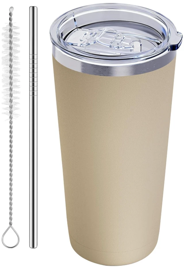 Main image of 20oz Travel Coffee Tumbler, 18/8 Stainless Steel Cup 1 Pack Brown | Double Wall Vacuum Retains Hot and Cold Drinks. Car Cup Holder Friendly Design Includes Straw, Brush and Silicone Base Pad.