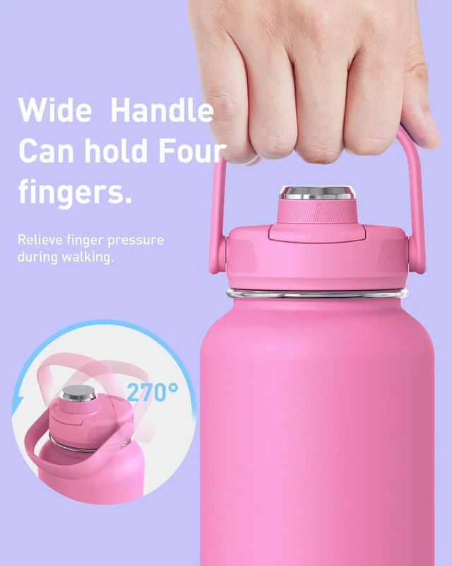 Alt view image 3 of 7 - 24 oz Insulated Stainless Steel Water Bottle, Pink | Double-wall vacuum thermal flask with top handle, leakproof & BPA-free design for sports, gym, hiking & travel use
