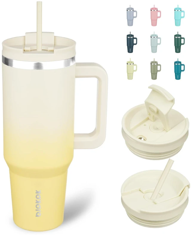 Main image of 40 oz Insulated Tumbler with Handle & Straw, Stainless Steel | Double Wall Vacuum Insulation, Leak Proof, BPA Free, Dishwasher Safe, Cupholder Friendly, Travel & Outdoor, Lemon