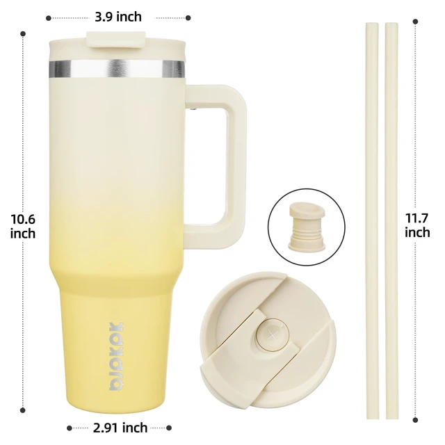 Alt view image 3 of 6 - 40 oz Insulated Tumbler with Handle & Straw, Stainless Steel | Double Wall Vacuum Insulation, Leak Proof, BPA Free, Dishwasher Safe, Cupholder Friendly, Travel & Outdoor, Lemon