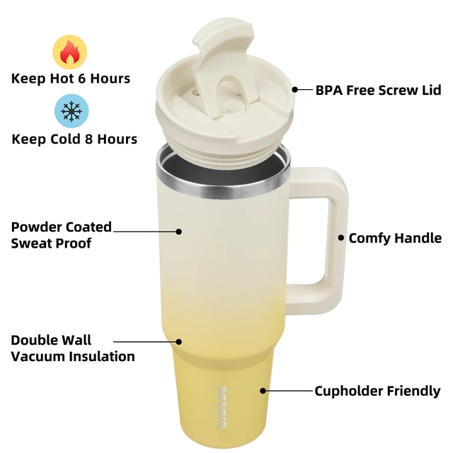 Alt view image 2 of 6 - 40 oz Insulated Tumbler with Handle & Straw, Stainless Steel | Double Wall Vacuum Insulation, Leak Proof, BPA Free, Dishwasher Safe, Cupholder Friendly, Travel & Outdoor, Lemon