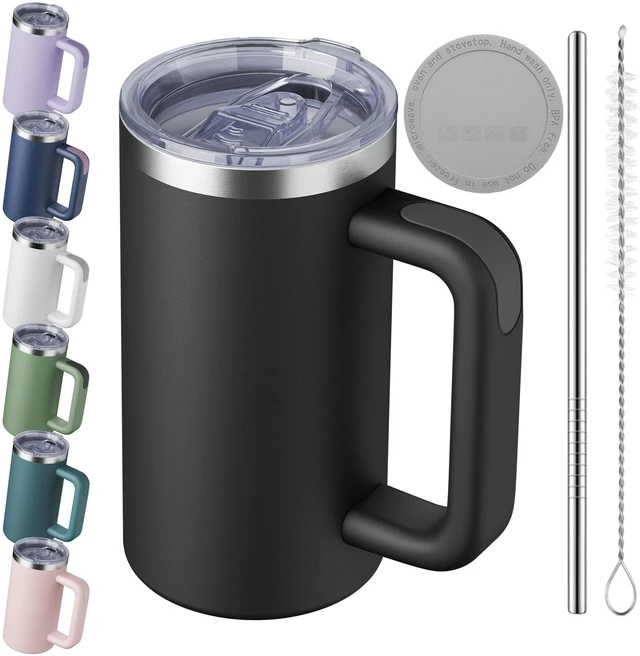 Main image of 20oz Insulated Coffee Mug With Handle For Desk,Black | 18/8 Stainless Steel Thermal Tumbler Cup With Sliding Lid, Straw, Brush & Silicone Coaster. Ideal For Adult Desk Use.