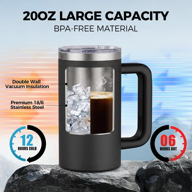 Alt view image 4 of 7 - 20oz Insulated Coffee Mug With Handle For Desk,Black | 18/8 Stainless Steel Thermal Tumbler Cup With Sliding Lid, Straw, Brush & Silicone Coaster. Ideal For Adult Desk Use.