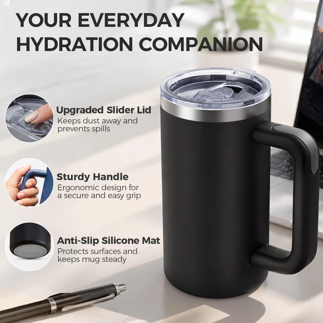 Alt view image 5 of 7 - 20oz Insulated Coffee Mug With Handle For Desk,Black | 18/8 Stainless Steel Thermal Tumbler Cup With Sliding Lid, Straw, Brush & Silicone Coaster. Ideal For Adult Desk Use.