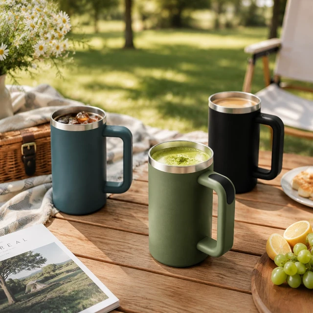 Alt view image 6 of 7 - 20oz Insulated Coffee Mug With Handle For Desk,Black | 18/8 Stainless Steel Thermal Tumbler Cup With Sliding Lid, Straw, Brush & Silicone Coaster. Ideal For Adult Desk Use.
