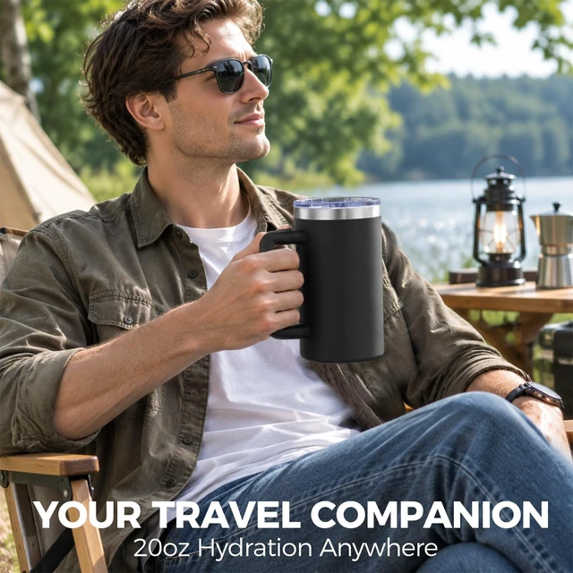 Alt view image 7 of 7 - 20oz Insulated Coffee Mug With Handle For Desk,Black | 18/8 Stainless Steel Thermal Tumbler Cup With Sliding Lid, Straw, Brush & Silicone Coaster. Ideal For Adult Desk Use.