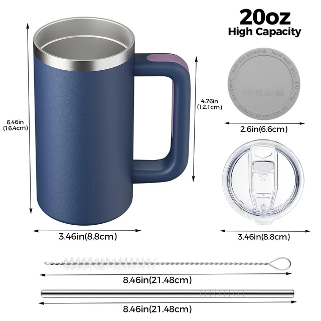 Alt view image 2 of 7 - 20oz Insulated Coffee Mug With Handle For Desk,Black | 18/8 Stainless Steel Thermal Tumbler Cup With Sliding Lid, Straw, Brush & Silicone Coaster. Ideal For Adult Desk Use.