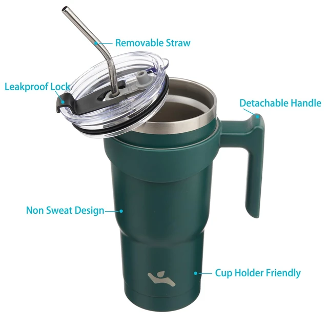 Alt view image 2 of 7 - 20 oz Tumbler with Handle and Straw, Insulated Travel Mug | Lavender; BPA-free, leak-proof tumbler with 2 lids, 2 straws, cup holder fit for coffee, office, travel & daily use