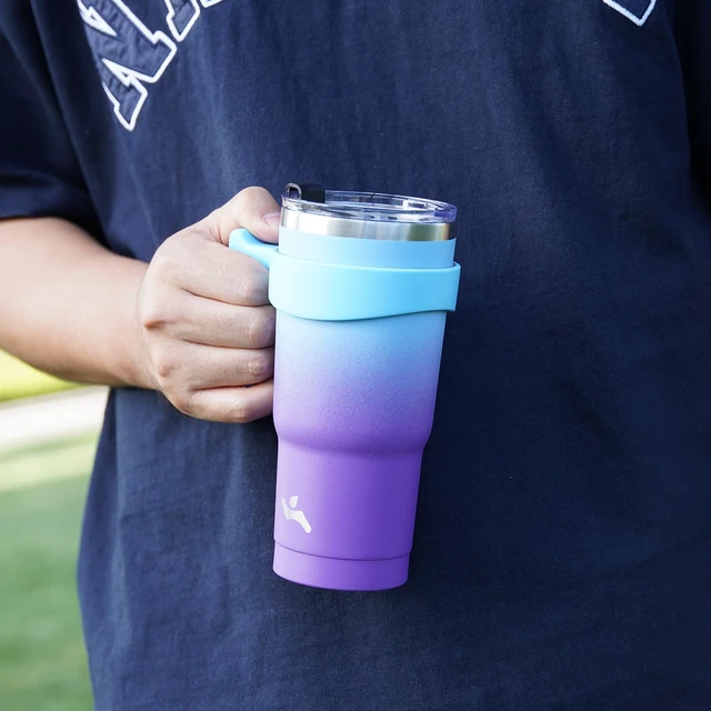 Alt view image 7 of 7 - 20 oz Tumbler with Handle and Straw, Insulated Travel Mug | Lavender; BPA-free, leak-proof tumbler with 2 lids, 2 straws, cup holder fit for coffee, office, travel & daily use