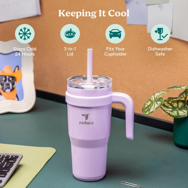Alt view image 3 of 7 - 24 oz Stainless Steel Tumbler with Handle - Dual-Wall Vacuum Insulated Travel Mug, Sweat-Proof Lid & Reusable Straw - Keeps Drinks Cold for 24 Hrs, Fits Cupholders, Dishwasher Safe - Lilac Bud