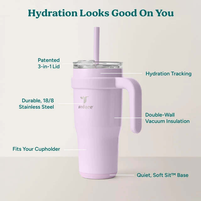 Alt view image 4 of 7 - 24 oz Stainless Steel Tumbler with Handle - Dual-Wall Vacuum Insulated Travel Mug, Sweat-Proof Lid & Reusable Straw - Keeps Drinks Cold for 24 Hrs, Fits Cupholders, Dishwasher Safe - Lilac Bud