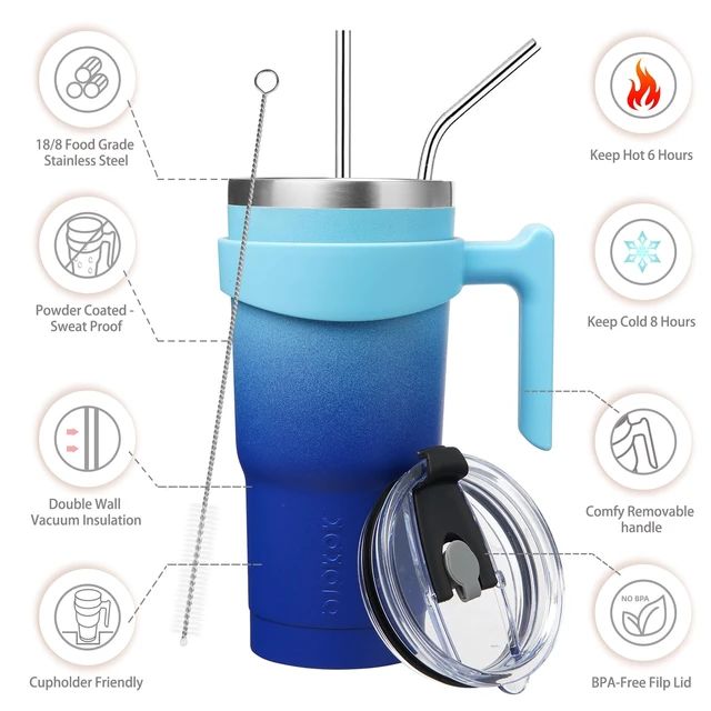 Alt view image 2 of 7 - 20 oz Tumbler with Handle & Straw, Insulated Stainless Steel Mug | Double Wall Vacuum, Keeps Hot/Cold, Thermal Cup, BPA Free, Dishwasher Safe, Sweatproof, Cupholder Fit, Coffee & Travel, Sky