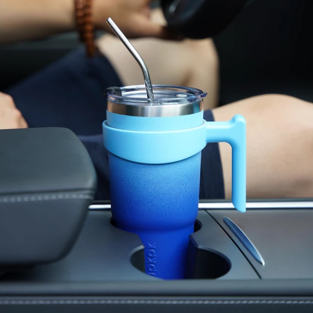 Alt view image 6 of 7 - 20 oz Tumbler with Handle & Straw, Insulated Stainless Steel Mug | Double Wall Vacuum, Keeps Hot/Cold, Thermal Cup, BPA Free, Dishwasher Safe, Sweatproof, Cupholder Fit, Coffee & Travel, Sky