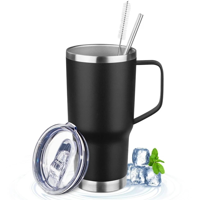 Main image of 20oz Insulated Tumbler with Handle Stainless Steel Travel Coffee Mug with Lid and Straw Double Wall Vacuum Leak-proof Reusable Thermal Water Cup for Hot and Cold Drinks (Black,1 Pack)