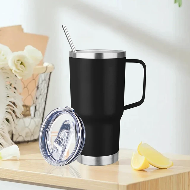 Alt view image 2 of 7 - 20oz Insulated Tumbler with Handle Stainless Steel Travel Coffee Mug with Lid and Straw Double Wall Vacuum Leak-proof Reusable Thermal Water Cup for Hot and Cold Drinks (Black,1 Pack)