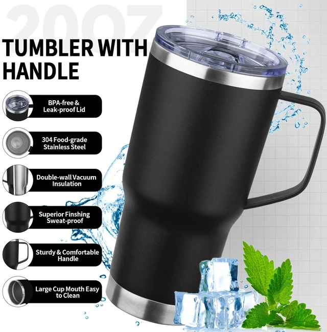 Alt view image 3 of 7 - 20oz Insulated Tumbler with Handle Stainless Steel Travel Coffee Mug with Lid and Straw Double Wall Vacuum Leak-proof Reusable Thermal Water Cup for Hot and Cold Drinks (Black,1 Pack)