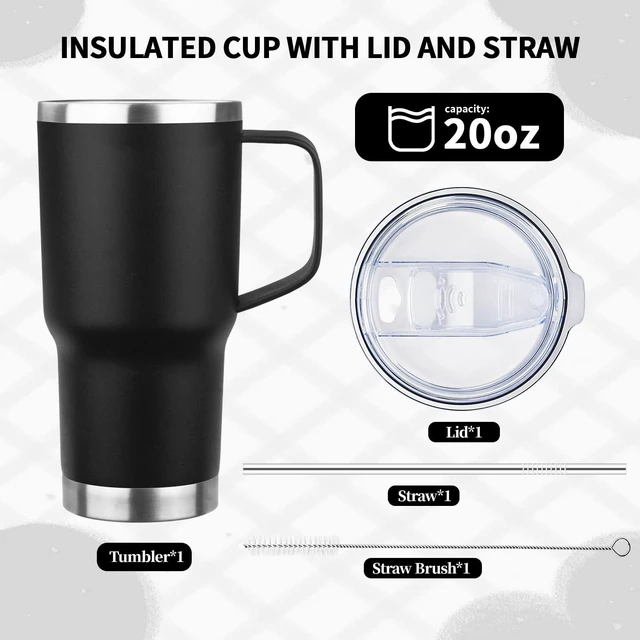 Alt view image 6 of 7 - 20oz Insulated Tumbler with Handle Stainless Steel Travel Coffee Mug with Lid and Straw Double Wall Vacuum Leak-proof Reusable Thermal Water Cup for Hot and Cold Drinks (Black,1 Pack)