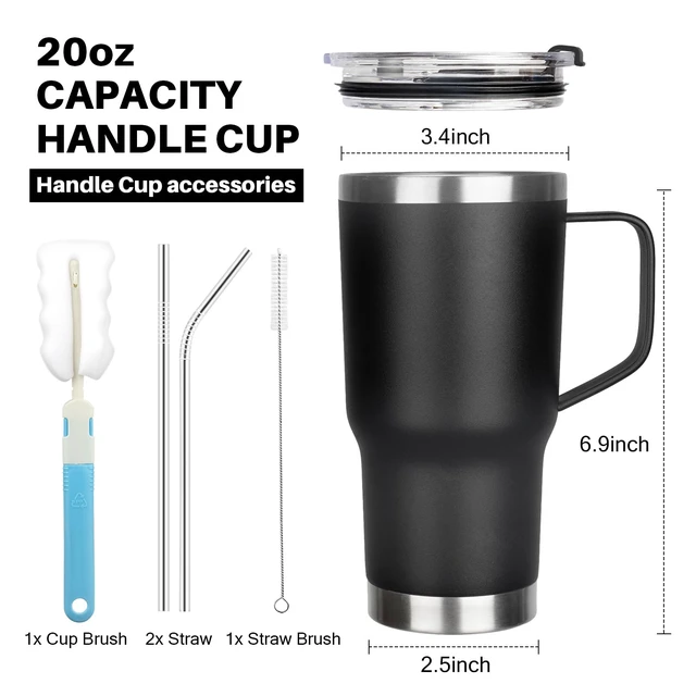 Alt view image 2 of 7 - 20 oz Tumbler with Handle, Stainless Steel Insulated Tumbler with Lid and Straw, Double Wall Vacuum Coffee Mug Tumbler, Insulated Coffee Thermal Cup for Cold and Hot (Black)