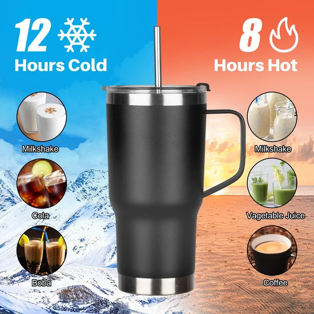 Alt view image 4 of 7 - 20 oz Tumbler with Handle, Stainless Steel Insulated Tumbler with Lid and Straw, Double Wall Vacuum Coffee Mug Tumbler, Insulated Coffee Thermal Cup for Cold and Hot (Black)