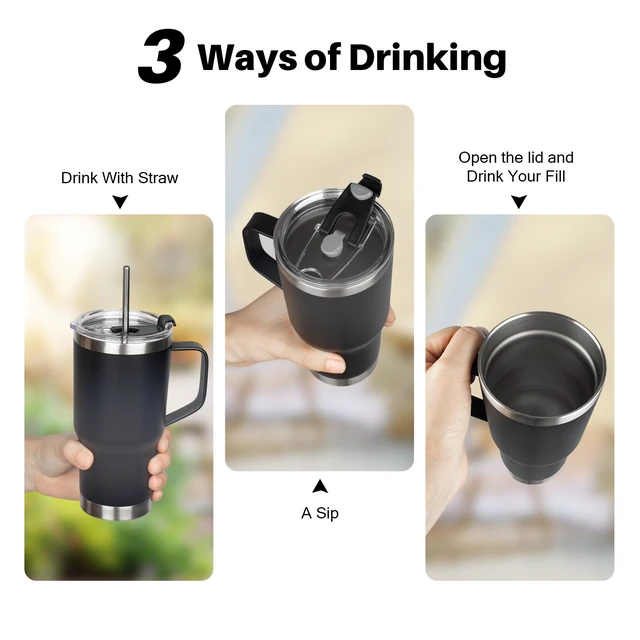 Alt view image 6 of 7 - 20 oz Tumbler with Handle, Stainless Steel Insulated Tumbler with Lid and Straw, Double Wall Vacuum Coffee Mug Tumbler, Insulated Coffee Thermal Cup for Cold and Hot (Black)