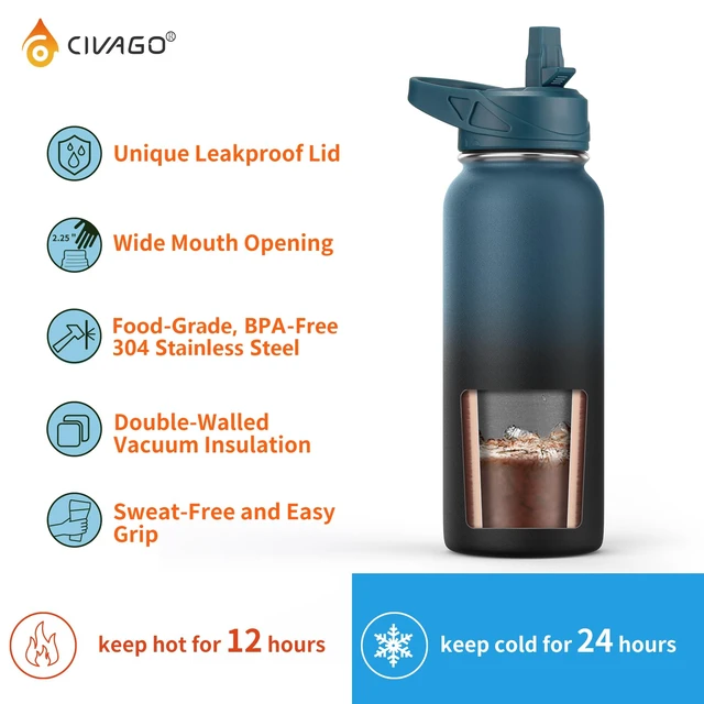 Alt view image 3 of 5 - 32 oz Insulated Stainless Steel Water Bottle With Straw and 3 Lids | Large Metal Sports Water Jug, Leakproof Reusable Wide Mouth Thermal Flask Cup with Silicone Boot, BPA-Free, Black
