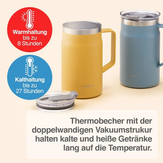 Alt view image 4 of 7 - Metro Mug Premium 18/8 Stainless Steel Double Wall Insulated with Handle Perfect for table with Lid, Yellow, 20 oz