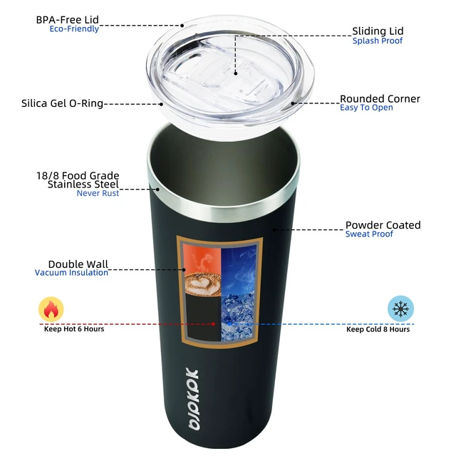 Alt view image 2 of 6 - 20 oz Skinny Tumbler with Lid, Stainless Steel Insulated Coffee Cup | Double Wall Vacuum, Keeps Hot/Cold, Thermal Cup, Non-Sweat, Slim Body Fits Car Holder, Straw Included, Black