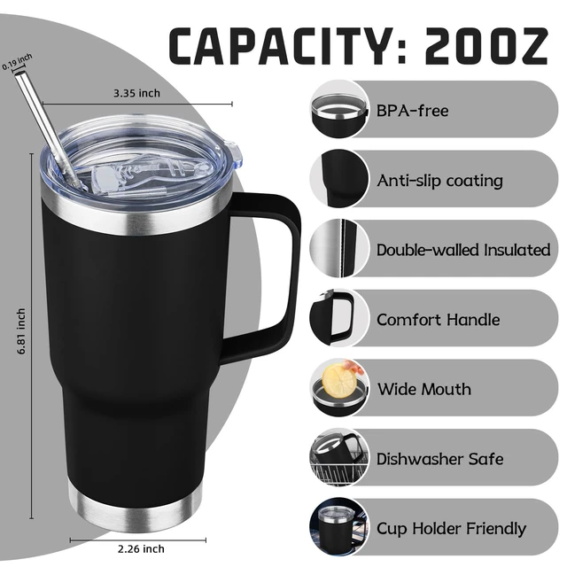 Alt view image 2 of 7 - 20 oz Tumbler with Handle Stainless Steel Insulated Coffee Mug Tumbler with Lid and Straw Double Wall Vacuum Insulated Coffee Mug Leak Proof Travel Mug Tumbler for Hot and Cold Drink (Black,1pack)