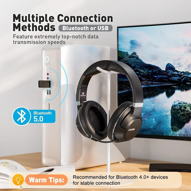 Alt view image 5 of 6 - H300 Wireless Headphones with Microphone,Over Ear Bluetooth Headsets, Black USB Dongle,One-Tap Mute, Environmental Noise Cancelling Retractable Mic for Work Office Call Center Laptop Computer