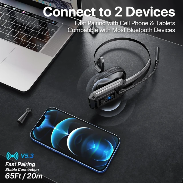 Alt view image 2 of 5 - Trucker Bluetooth Headset, Wireless Headset with Mic for Work | 60H Battery & Mute Button, Over Ear Noise Cancelling Bluetooth Headset for Truck Driver, Office, Laptop, Cell Phone, Black