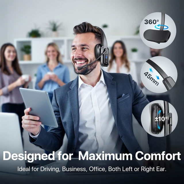 Alt view image 3 of 5 - Trucker Bluetooth Headset, Wireless Headset with Mic for Work | 60H Battery & Mute Button, Over Ear Noise Cancelling Bluetooth Headset for Truck Driver, Office, Laptop, Cell Phone, Black