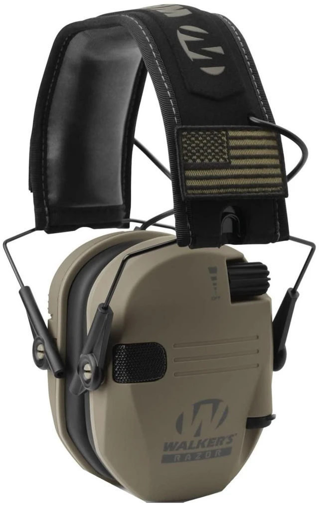 Main image of Razor Slim Electronic Earmuffs (Tan Patriot) | 0.02-second sound-activated compression, Full-range HD speakers, Low-profile design, Omnidirectional microphones