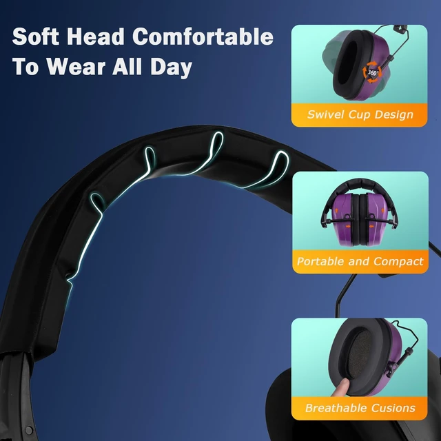 Alt view image 3 of 7 - Hearing Protection Ear Muffs SNR 29dB Noise Cancelling Headphones for Adults Kids Autism,Safety Earmuffs for Hunting,Shooting, Mowing, Construction(Purple)