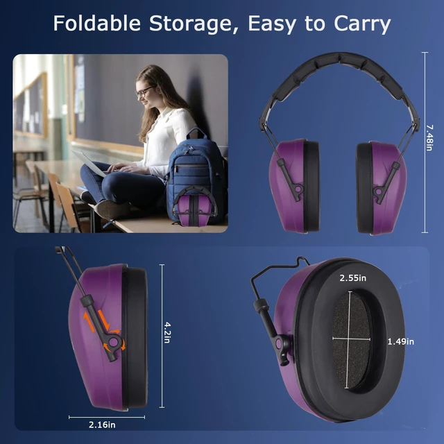 Alt view image 4 of 7 - Hearing Protection Ear Muffs SNR 29dB Noise Cancelling Headphones for Adults Kids Autism,Safety Earmuffs for Hunting,Shooting, Mowing, Construction(Purple)