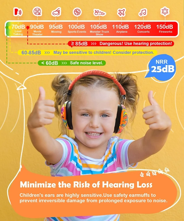 Alt view image 3 of 7 - 032 Kids Ear Protection Ear Muffs for Noise Reduction, 25NRR Noise Cancelling Headphones for Kids,Toddlers, Autism, Sensory Use, Hearing Protection Orange