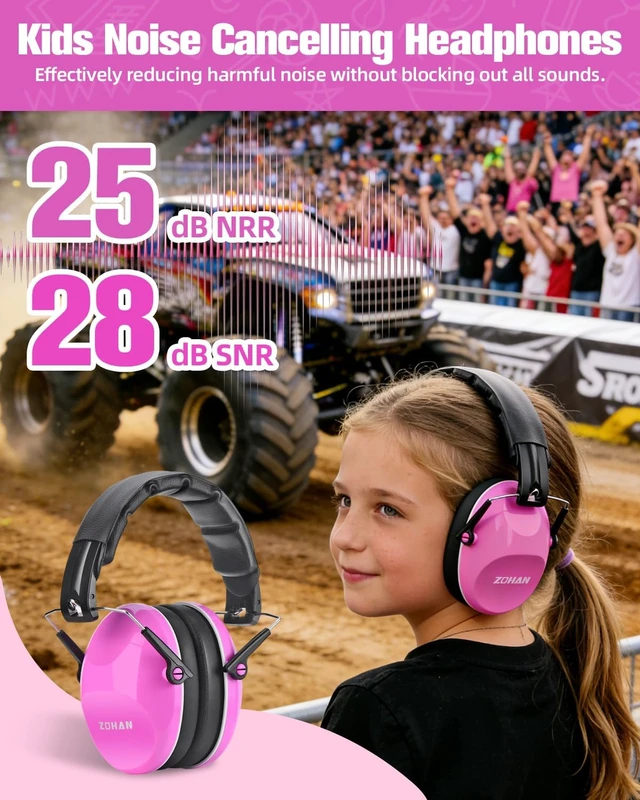 Alt view image 2 of 7 - 032 Kids Noise Canceling Headphones - 25dB NRR Kids Ear Protection Earmuffs for School, Monster Jam, Fireworks, Travel, Air Show, Concert, Autism - Pink
